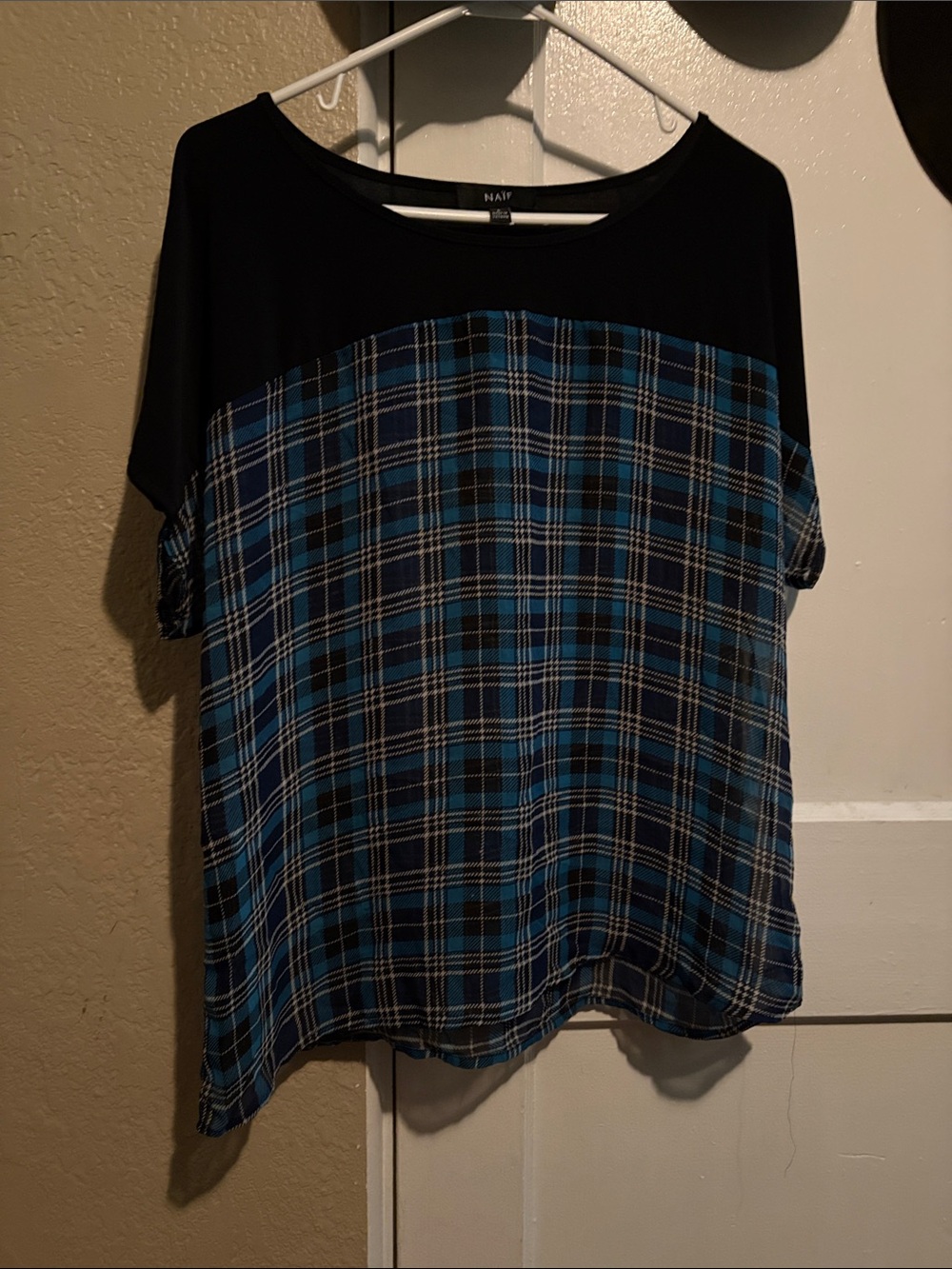 NAIF Black and Blue Plaid Short Sleeve Pullover Top